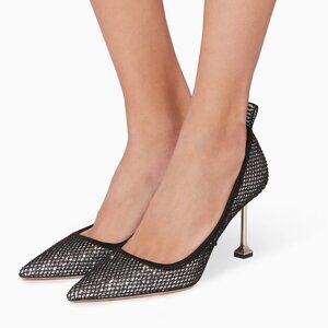 NWT Miu Miu Pointed Toe Pumps Black Mesh Silver Glitter High Heels 35.5